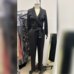Suiting pinstripe jumpsuit with pockets, zipper, belt, 3/4 keyhole tie sleeve